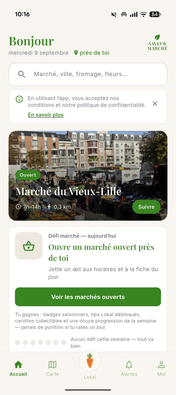 Accueil de l’application : recherche, Marché du Vieux-Lille ouvert aujourd’hui et défi marché du jour
