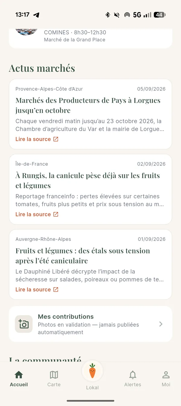 Onglet Actus marchés de l’application, avec des articles et leur lien source